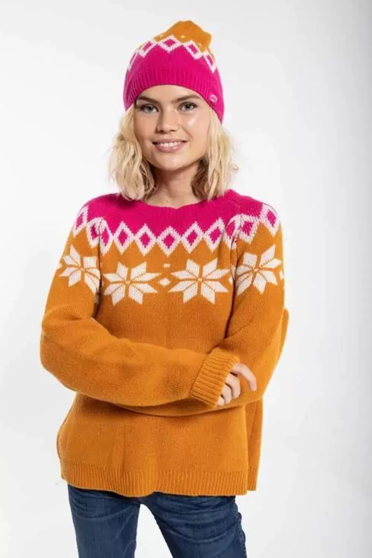 Danefæ Mützen/Hute>Danecountry Beanie Honey_Offwhite/Hotpink