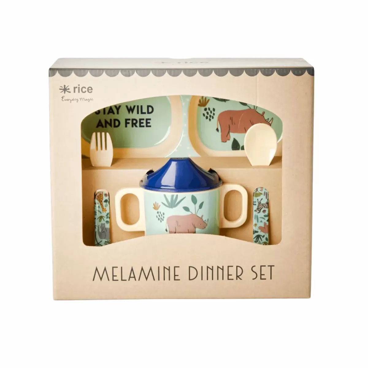 Hot Rice Melamine Baby Spisesaet Blue Jungle Animals Baby Essenszeit