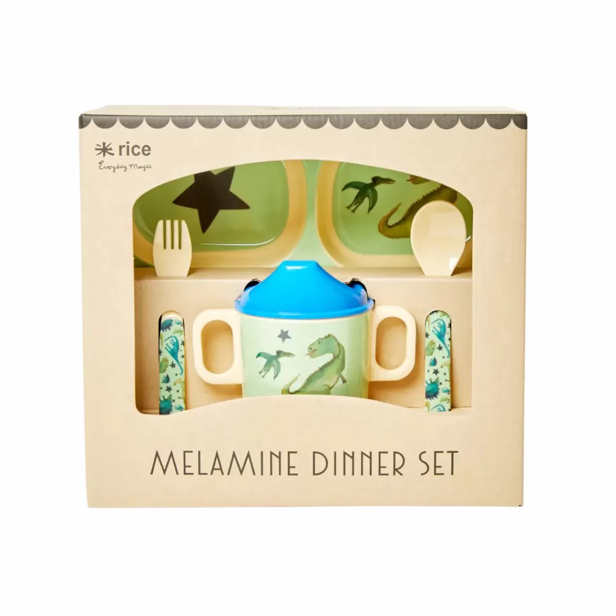 Hot Rice Melamine Baby Spisesaet Green Dinosaurs Baby Essenszeit